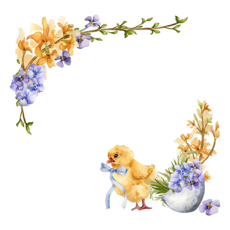 Easter frame with chick and flowers hand drawn. Yellow blossom branches watercolor illustration. Blue flowers in egg shell isolated on white. Hand painted spring flowers for Easter design vector