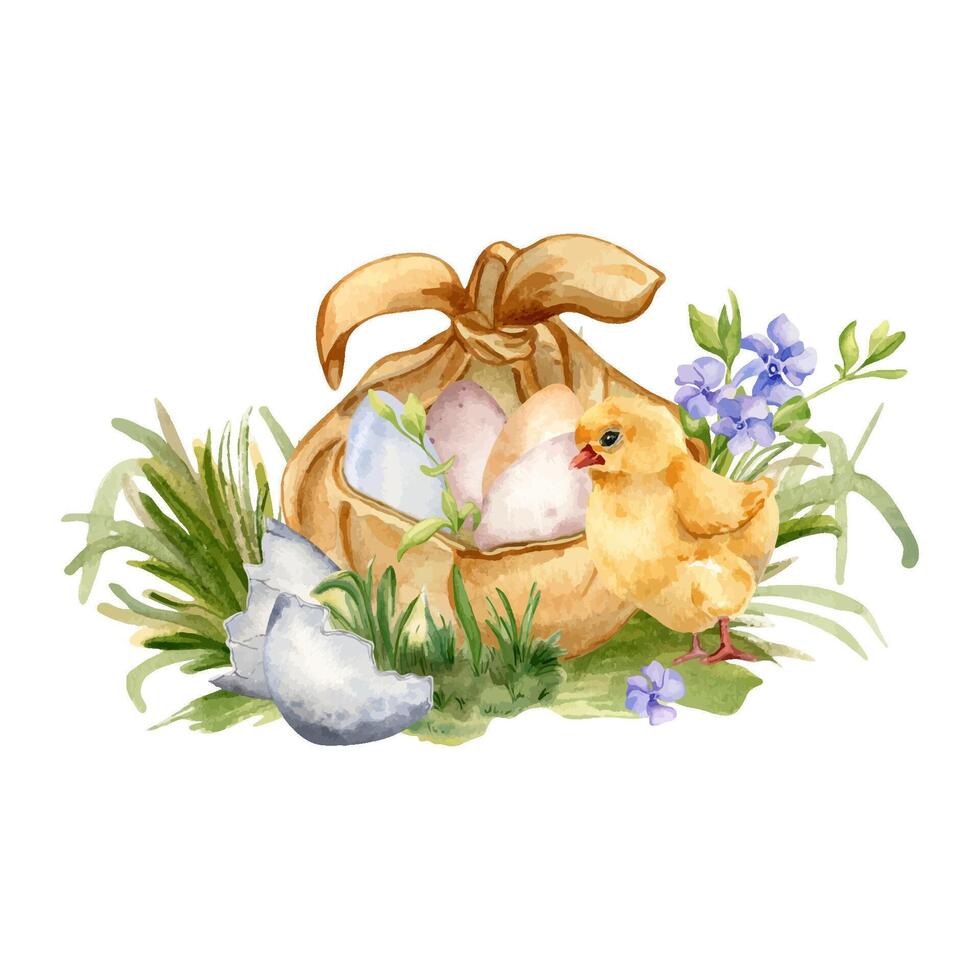 Easter watercolor illustration with eggs in bundle of fabric isolated on white. Egg shell and chick on grass hand painted for Easter design in neutral color. First blue spring flowers and little bird vector