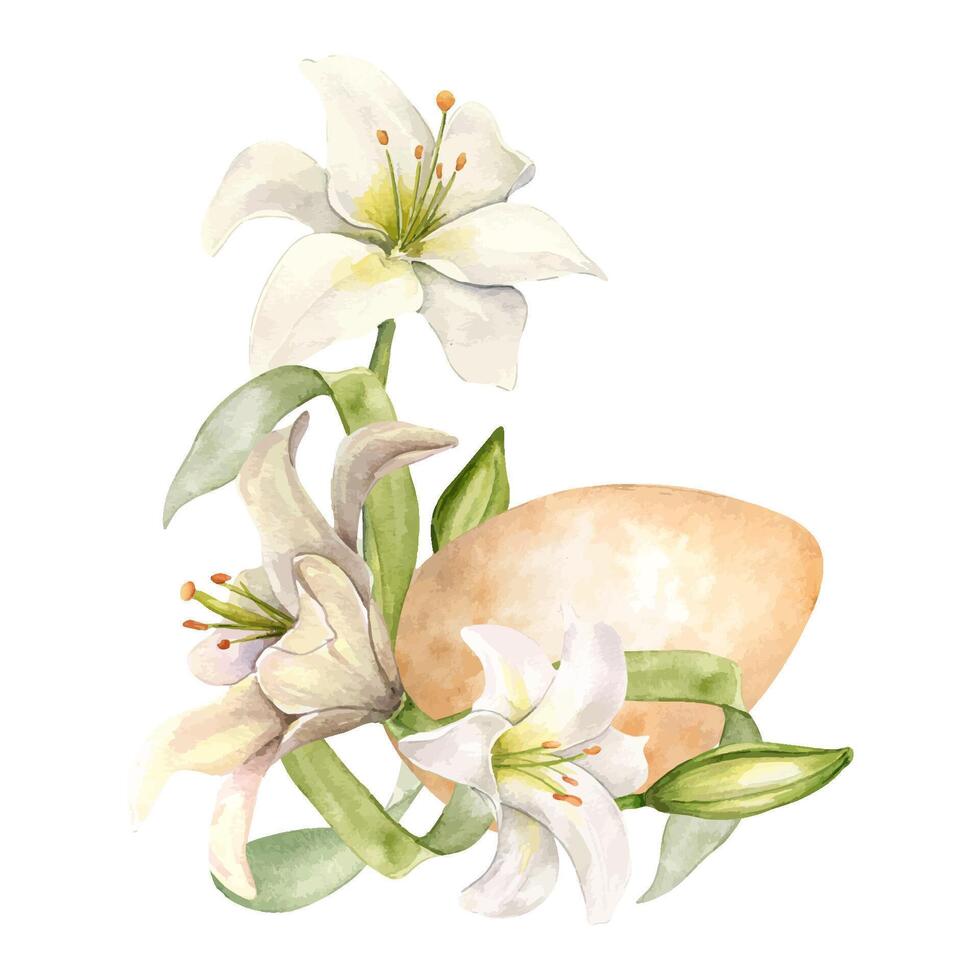 Easter egg and white flowers. Easter delicate illustration isolated on white background. Watercolor frame with gentle flowers hand drawn. Painted lily, egg for design greeting card, decoration vector