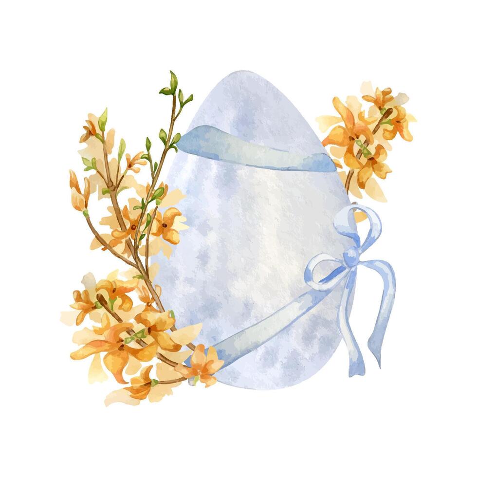 Easter watercolor illustration with colorful egg and spring flowers isolated on white. Easter egg with blossom branch hand painted for Easter design in neutral color. Yellow forsythia hand drawn vector