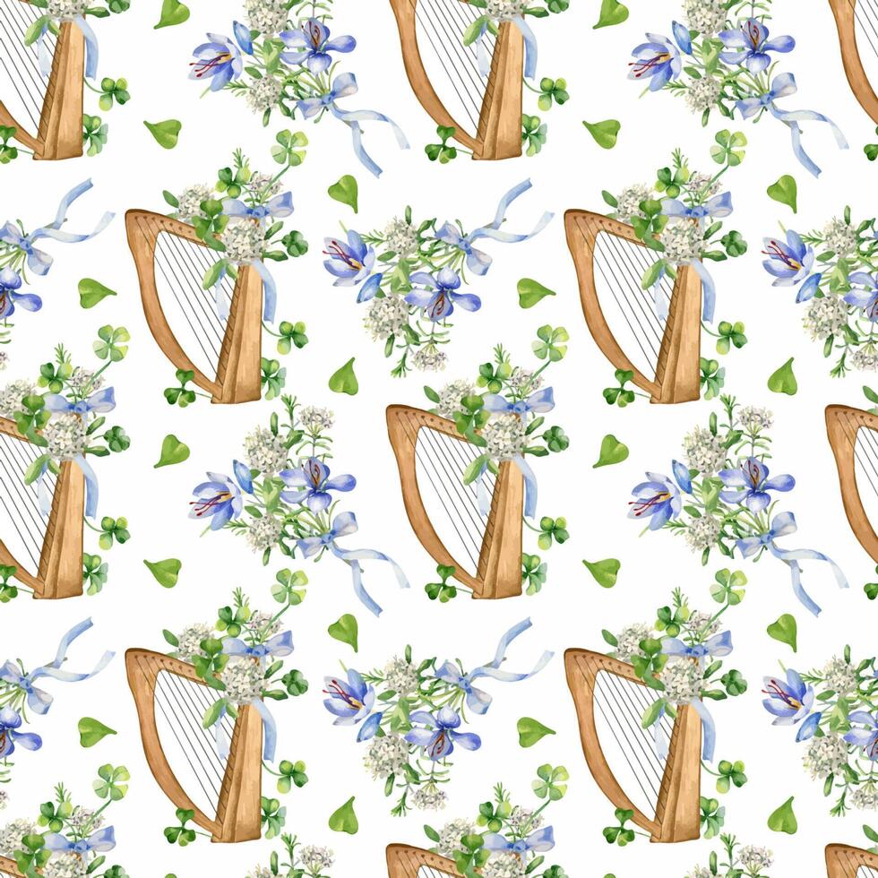 Harp and spring flowers watercolor seamless pattern isolated on white. Painted green clover, musical instrument and saffron. Irish lucky symbol hand drawn. Design for St Patrick day, wrapping paper. vector