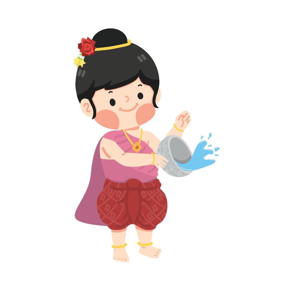 girl splashing water with water bowl and smile in Thai traditional dress vector