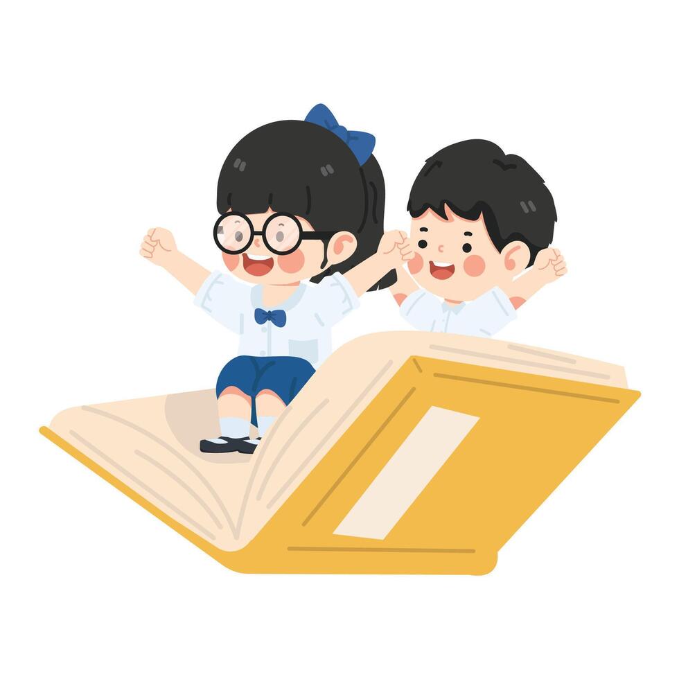 pequeño niños montando un libro y mosca vector