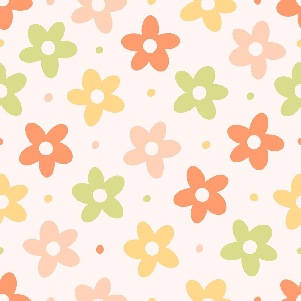 Seamless pattern with abstract retro aesthetic daisy flowers. Vintage floral art prints. Hippie 60s, 70s, 80s style. vector
