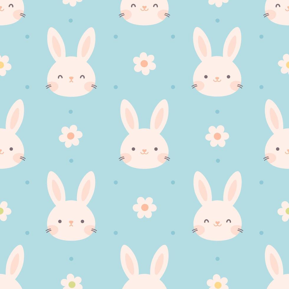 Seamless pattern with cute white bunny and flowers. Happy Easter, Hello Spring vector