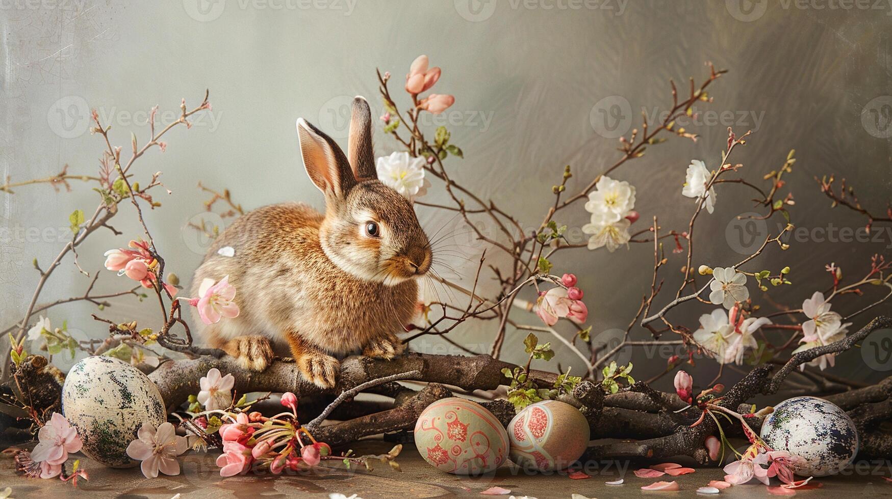 AI generated easter bunny and eggs photo