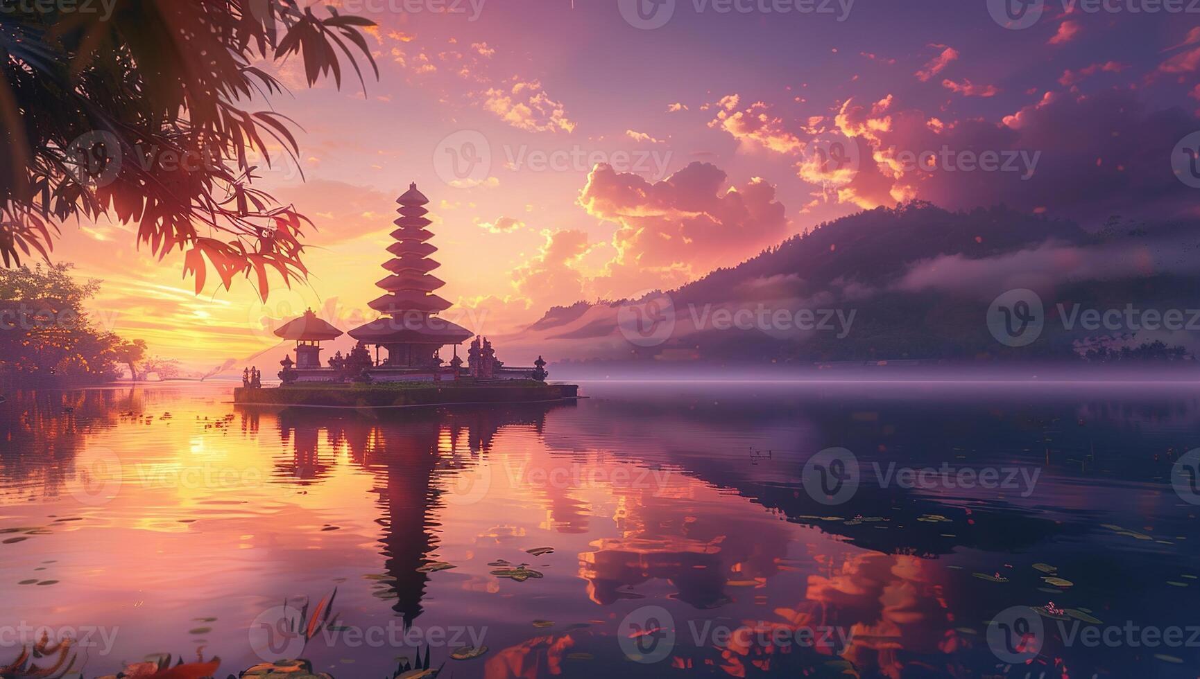 ai generado nyepi día de silencio antecedentes templo a puesta de sol foto