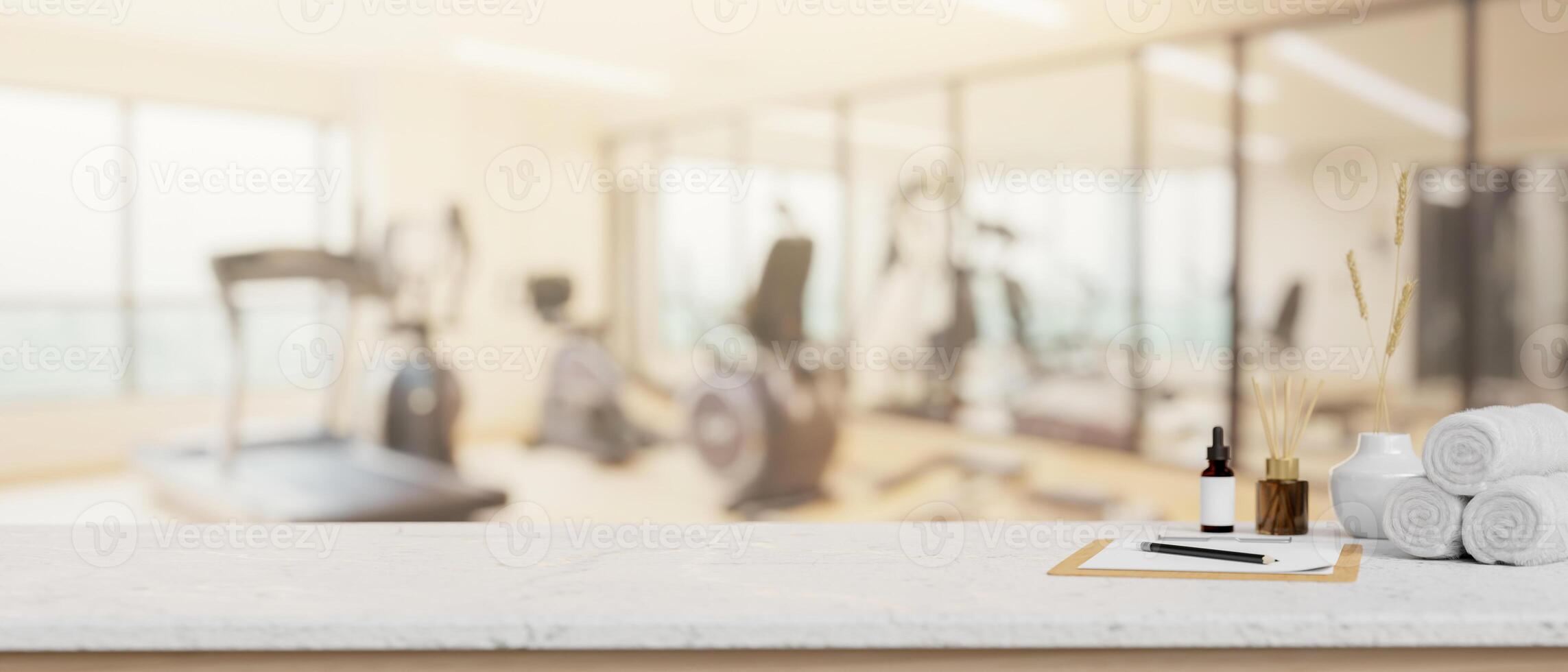 A space for displaying products on a tabletop with a blurred background of a modern fitness center. photo