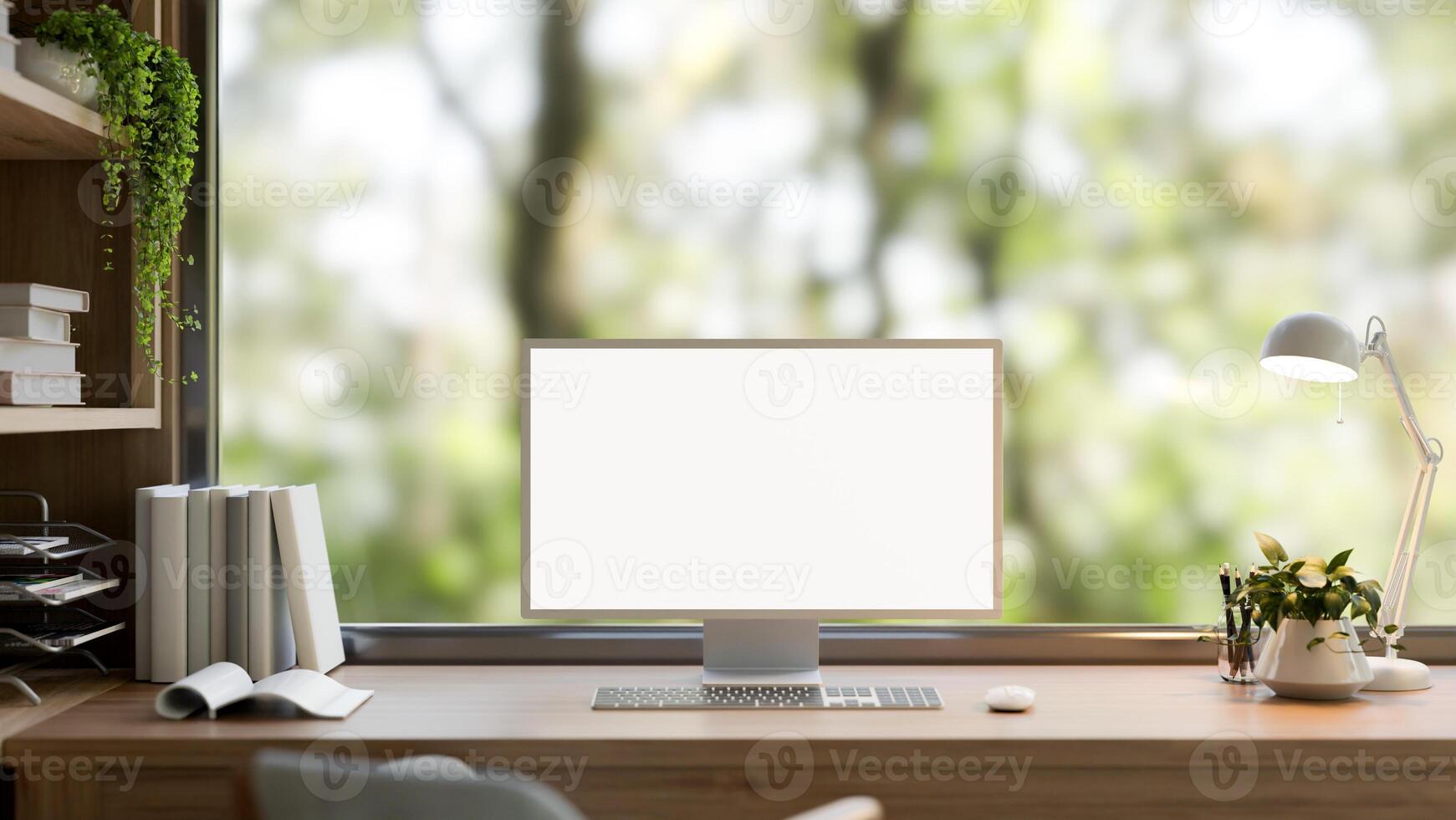 A computer mockup on a wooden desk in a contemporary home office with neutral wood accents. photo