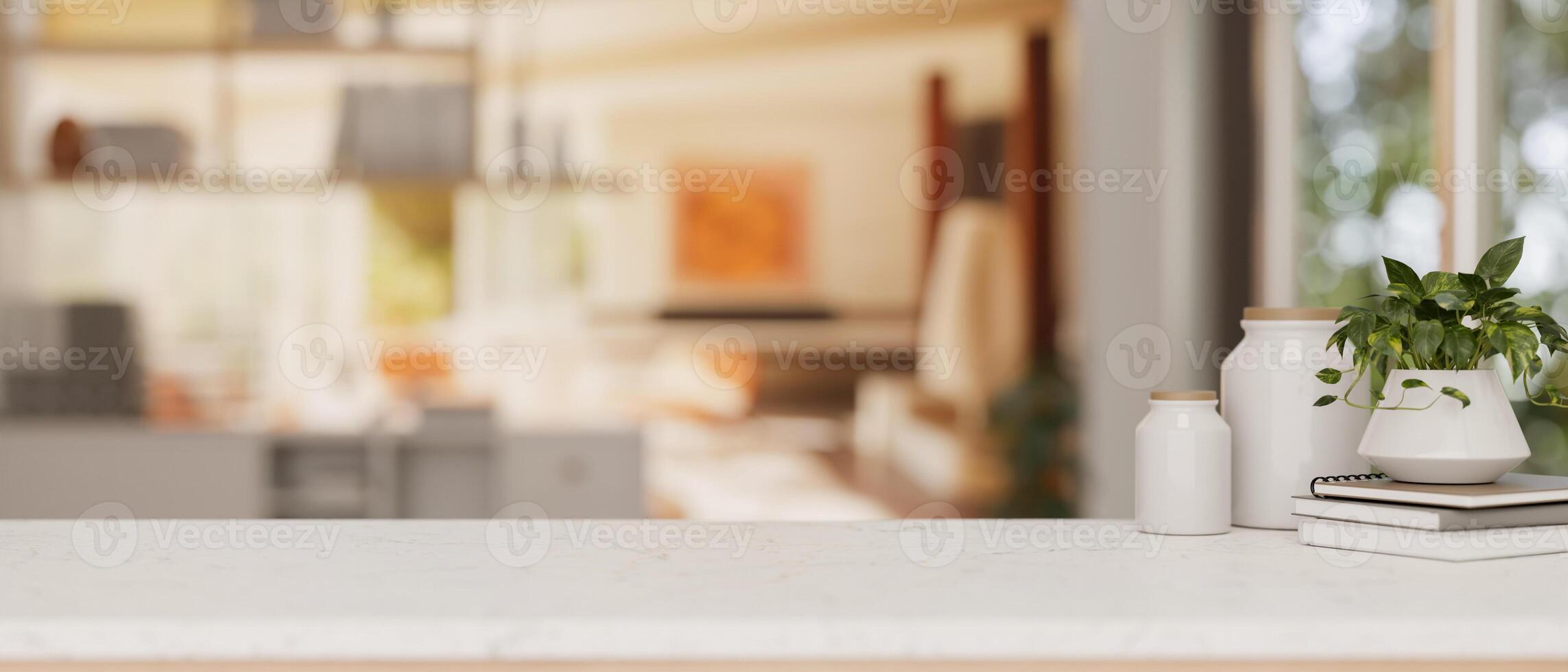 A space for displaying products on a white table with a blurred background of a modern home office. photo