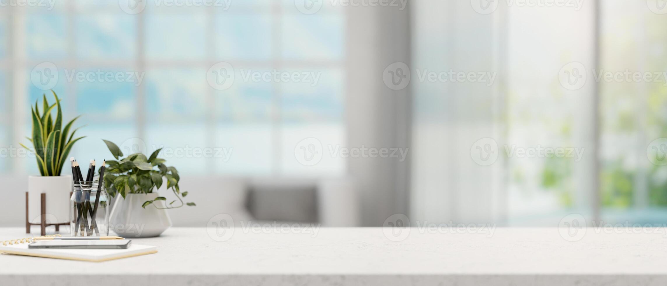 A white tabletop with a space for display products and decor in a modern bright living room. photo