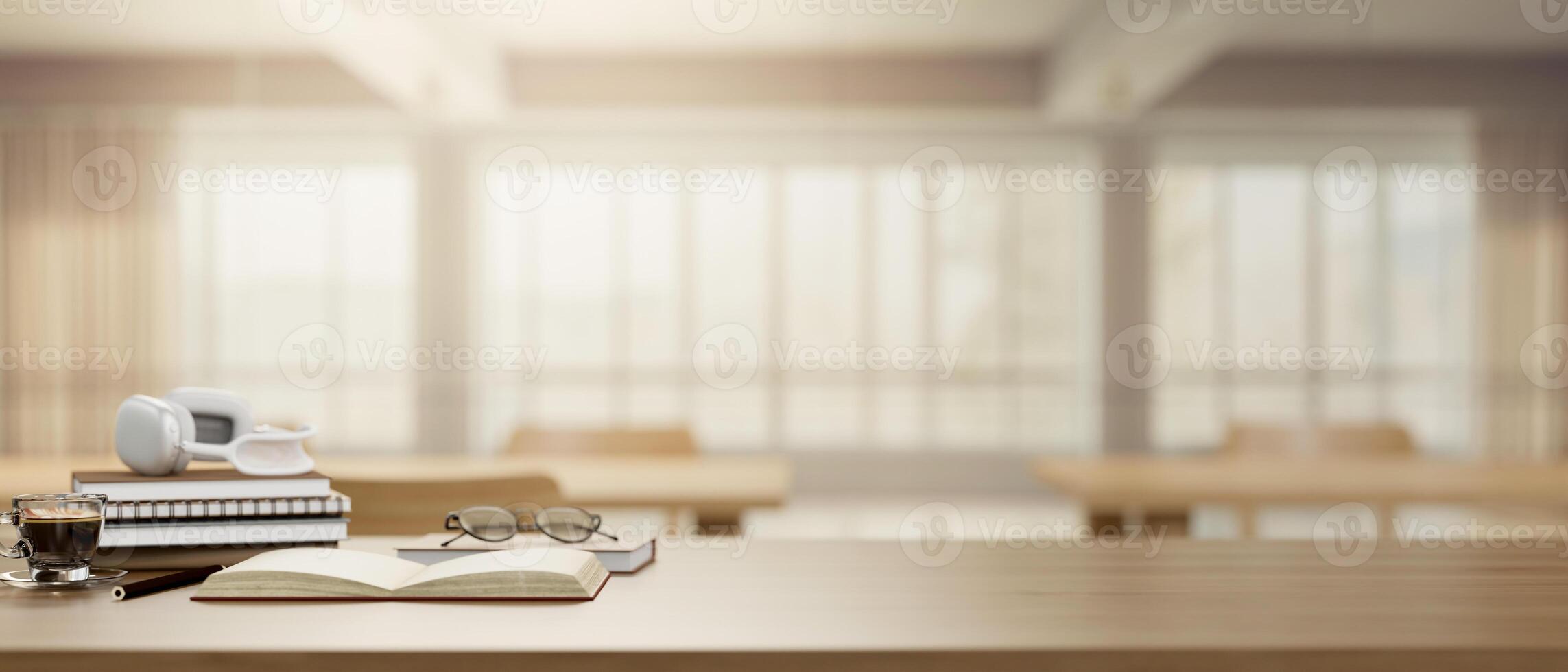 A wooden table with space against a blurred background of a cozy library co-working space. photo