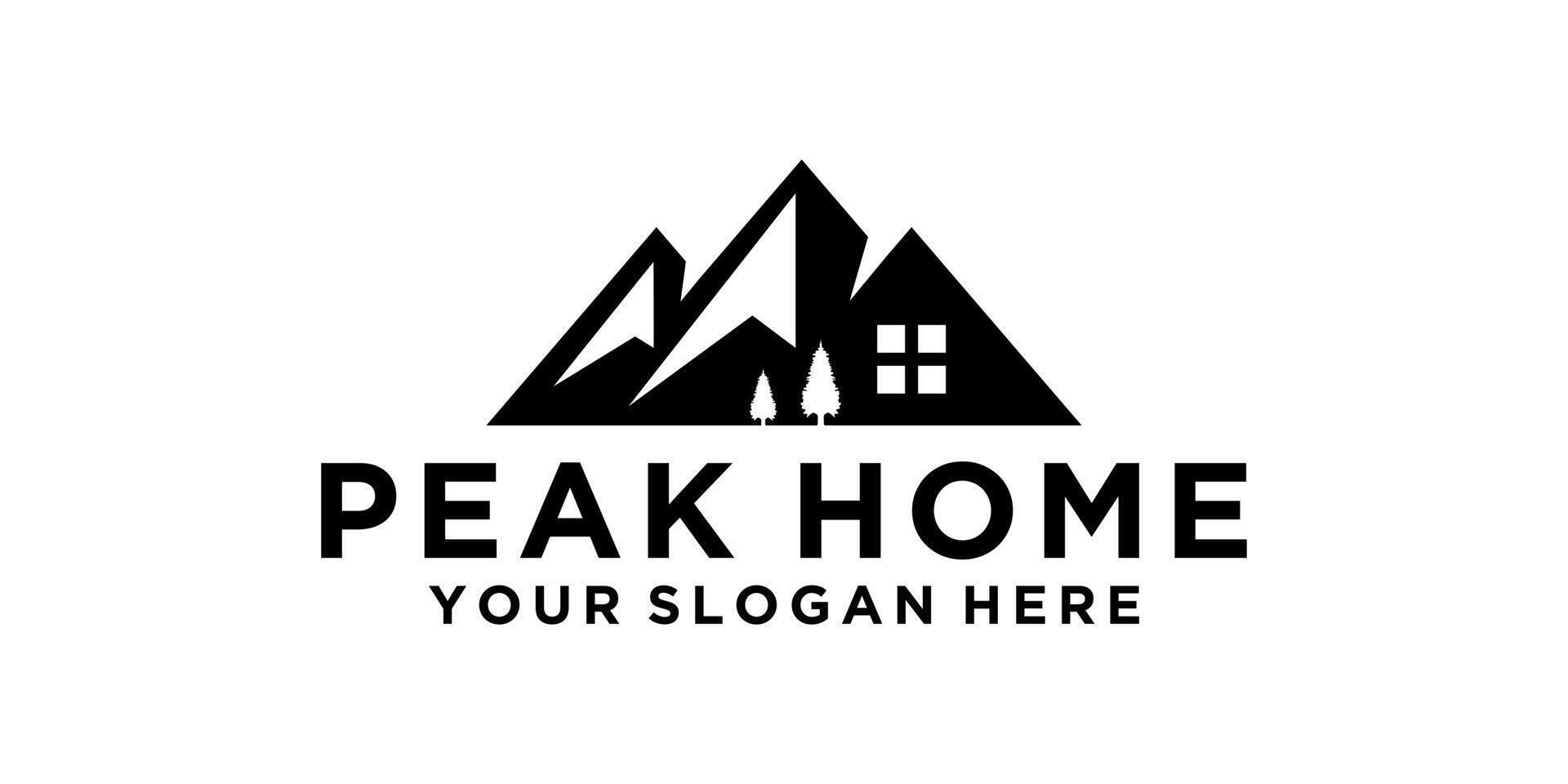 montaña y casa combinación logo diseño vector