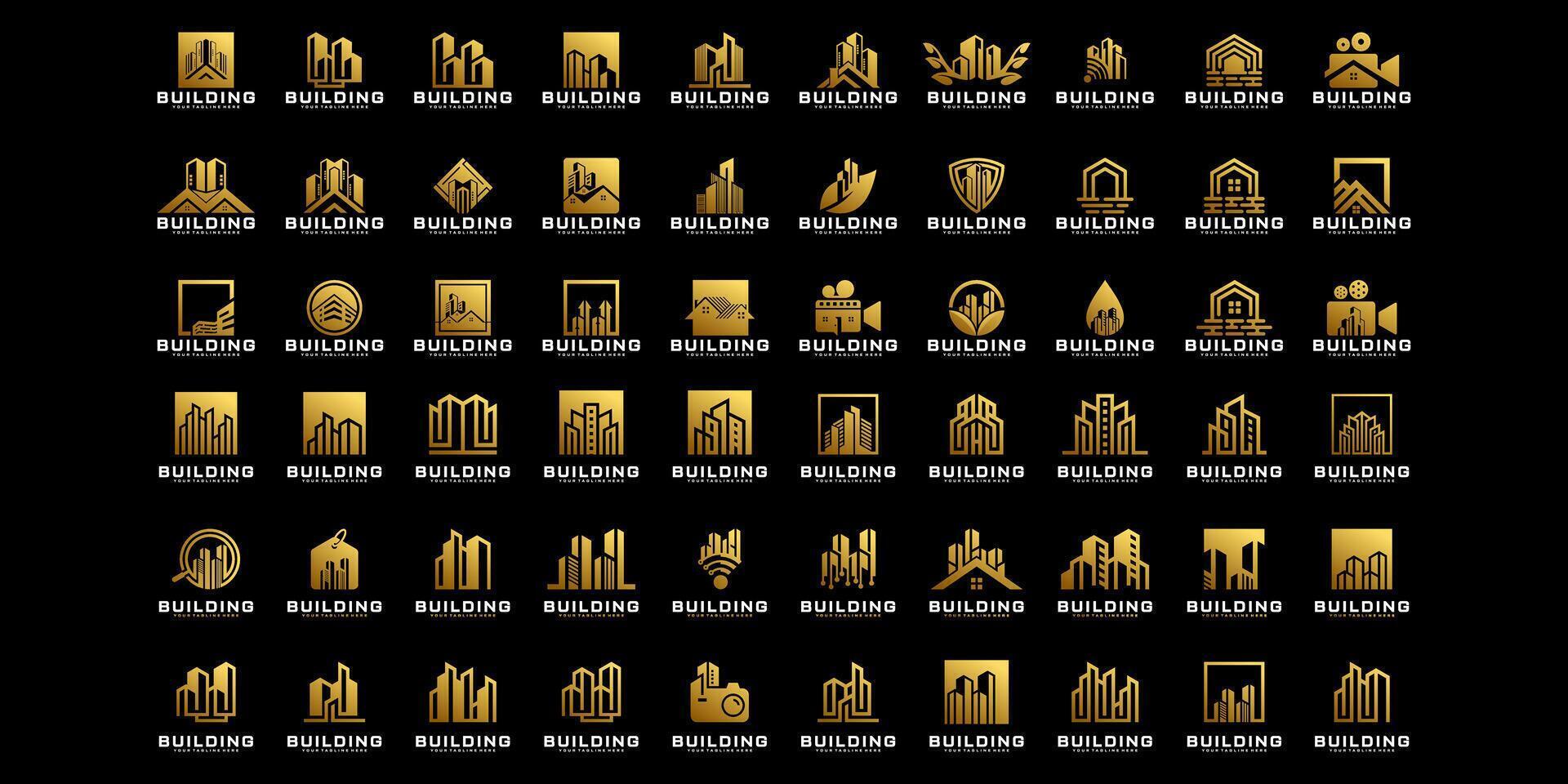 colección de edificio logo diseños, hogar arquitectura, oficinas, techos, casas y real inmuebles en oro color vector