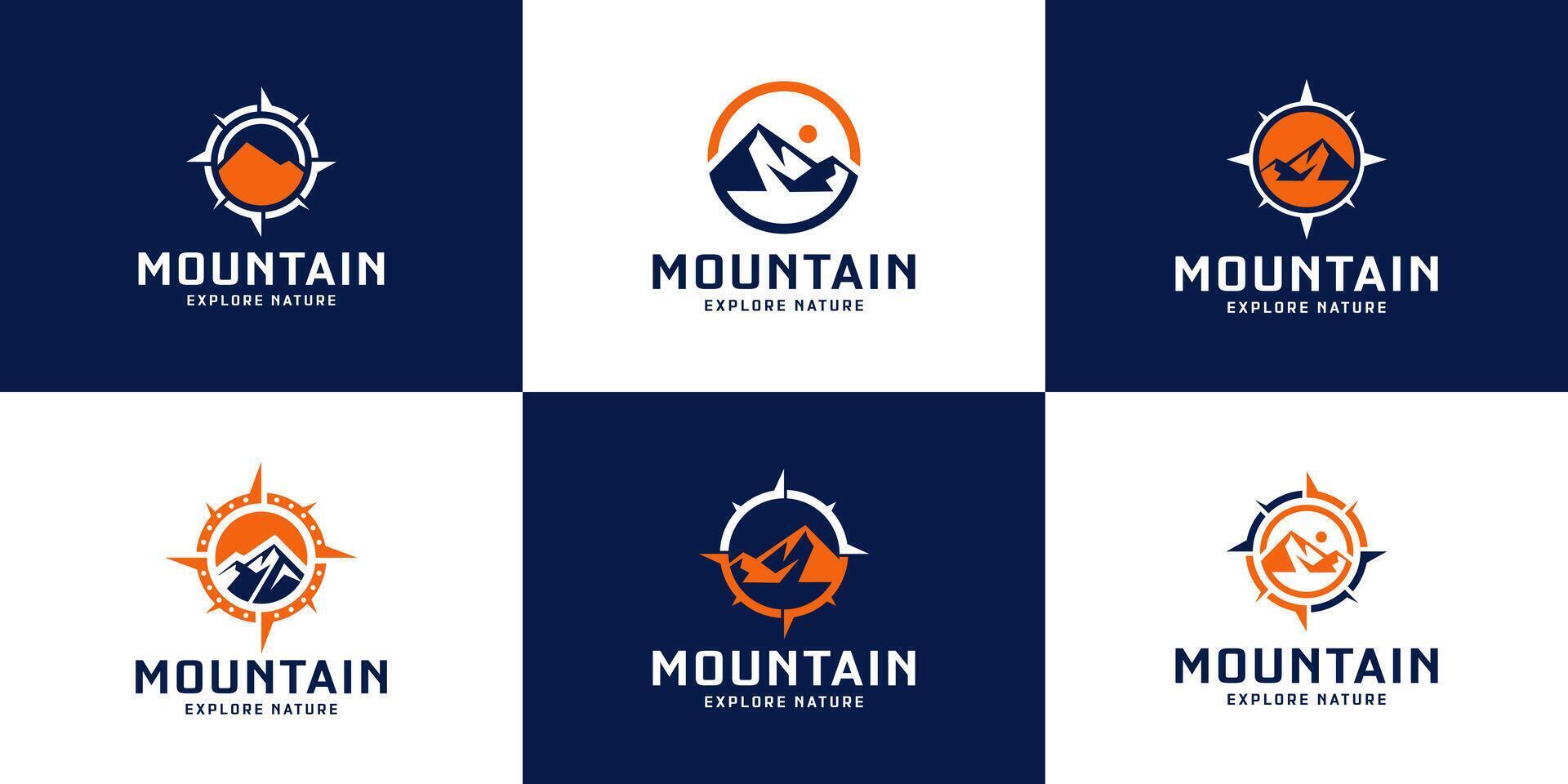 collection of adventure logo designs with mountain, peak, compass, mountain silhouette and sunrise vector