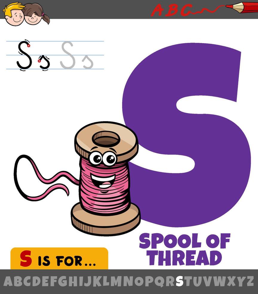 letter S worksheet with cartoon spool of thread vector