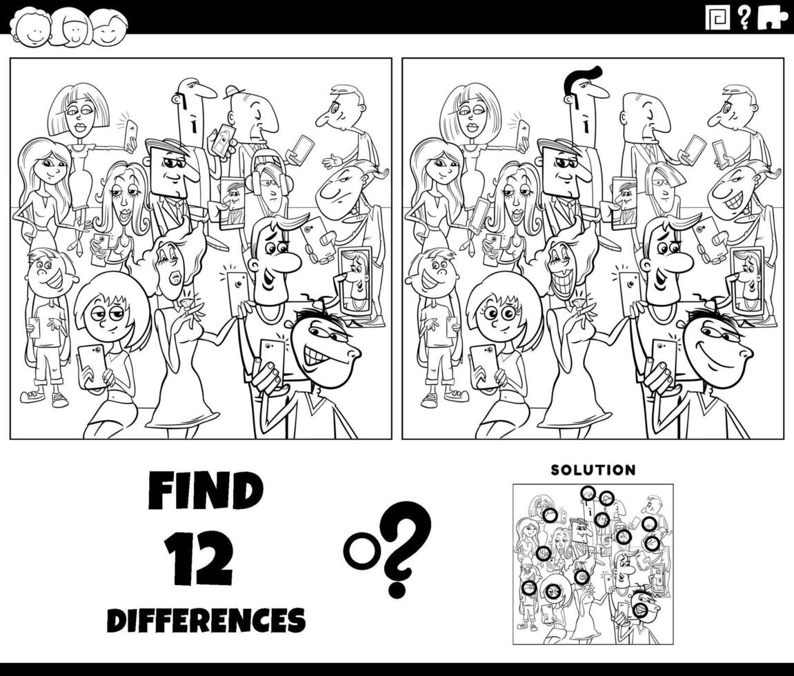 differences activity with cartoon people with phones coloring page vector