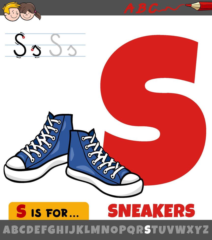 letter S worksheet with cartoon sneakers shoes vector