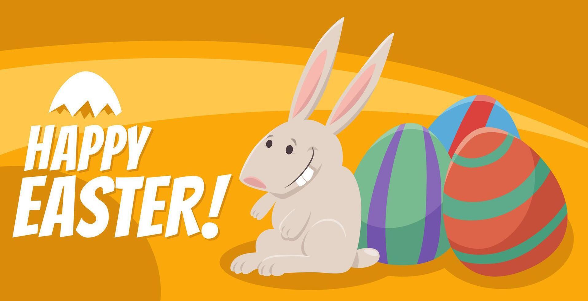 cartoon Easter bunny with painted eggs greeting card vector