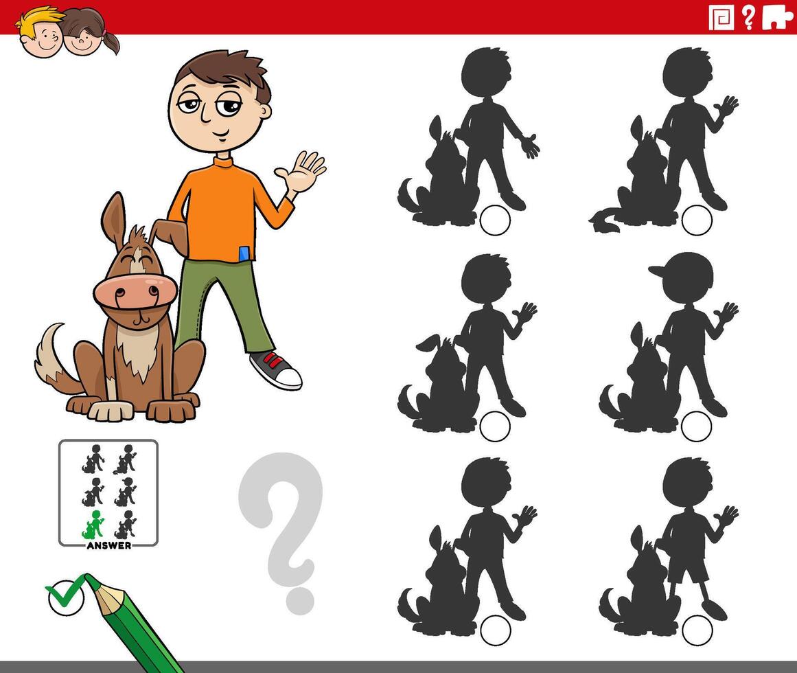 shadow activity game with cartoon boy and his dog vector