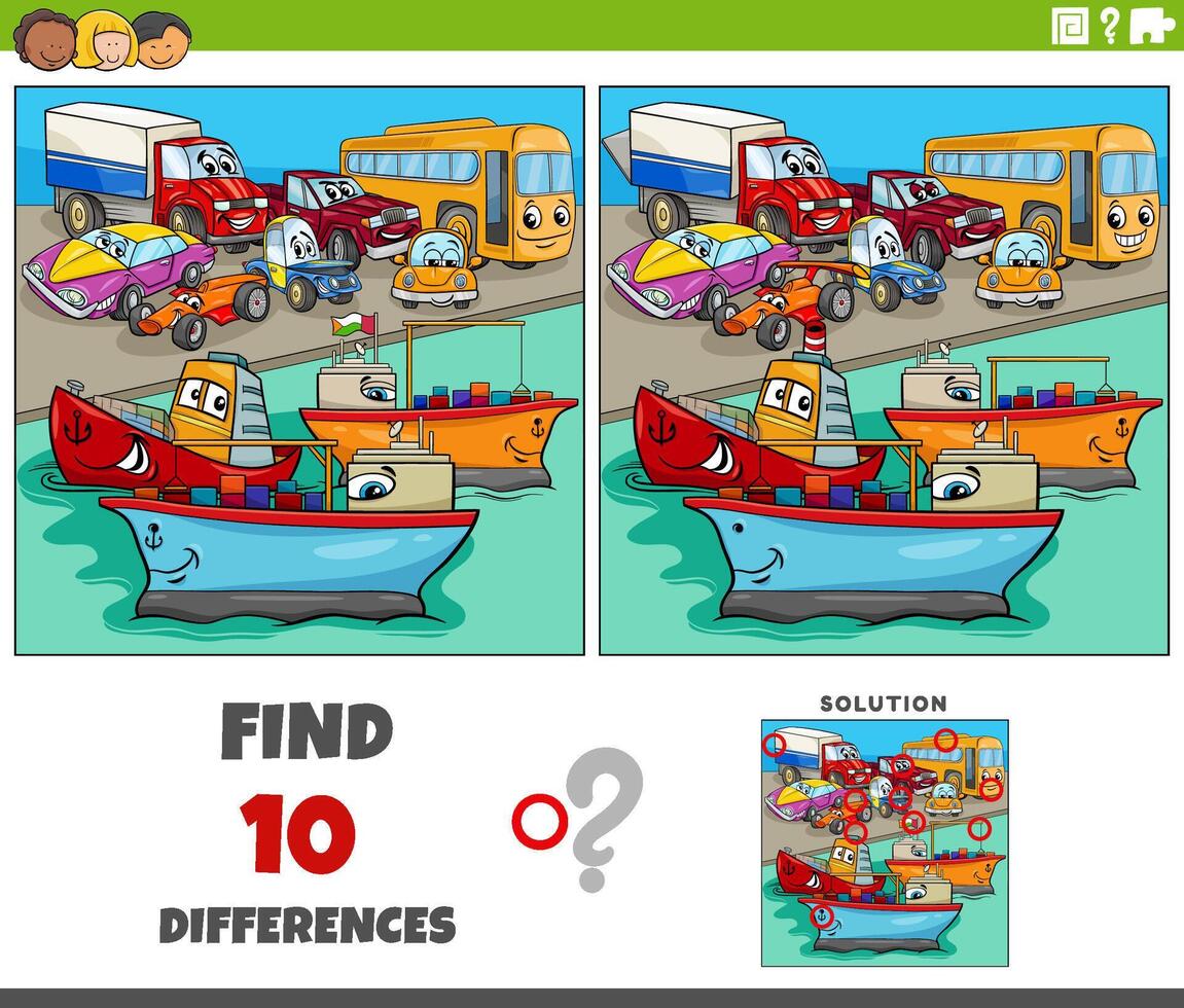 differences activity with cartoon transportation characters group vector