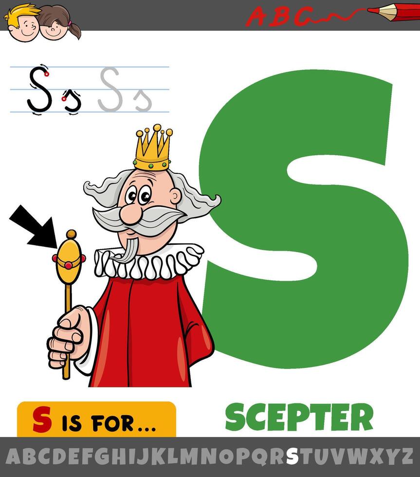 letter S worksheet with cartoon scepter object vector