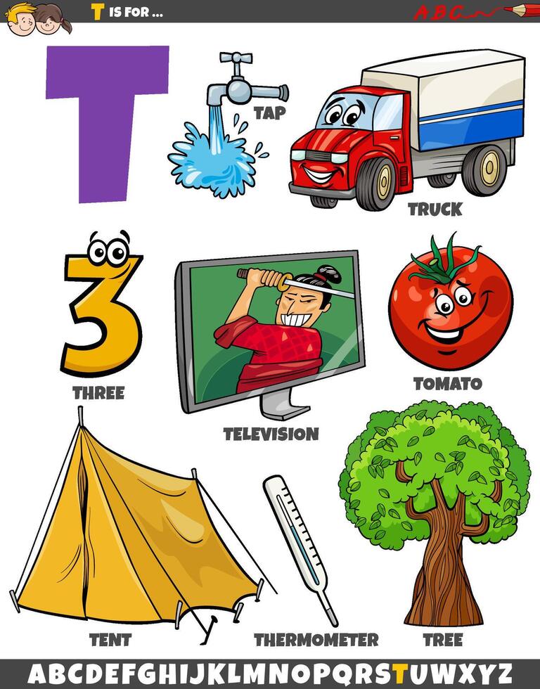 Letter T set with cartoon objects and characters vector