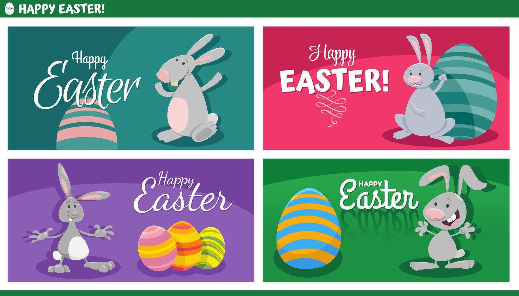 cartoon Easter bunnies with painted eggs greeting cards set vector