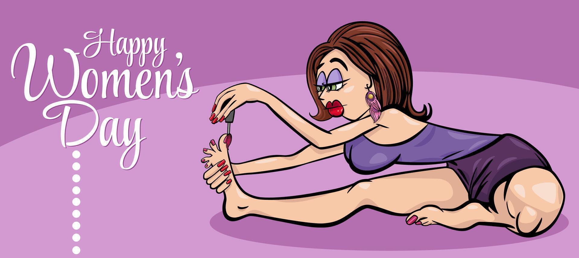 Women's Day design with cartoon woman practicing yoga and painting toes vector