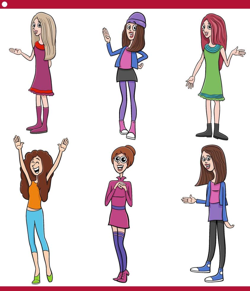 dibujos animados joven mujer gracioso caracteres humorístico conjunto vector