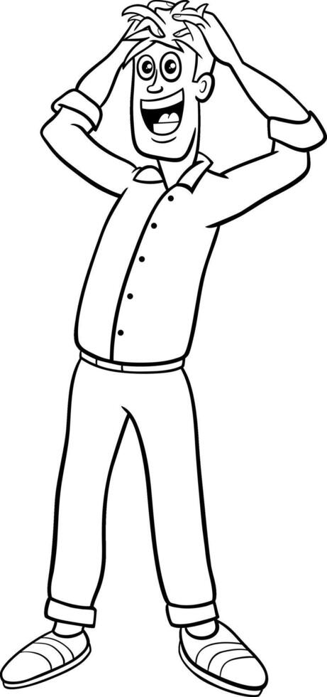 happy or surprised cartoon young man character coloring page vector