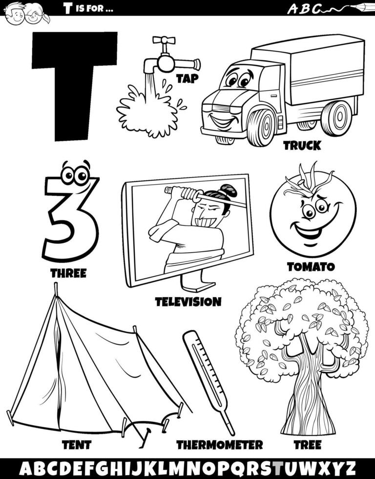 Letter T set with cartoon objects and characters coloring page vector