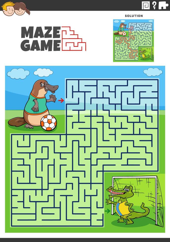 maze game activity with cartoon animals playing soccer vector