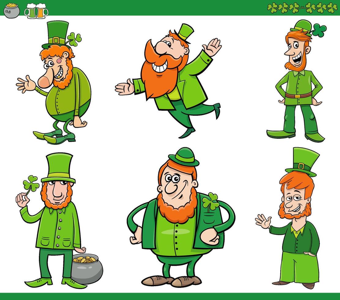 cartoon Leprechaun characters on Saint Patrick day set vector