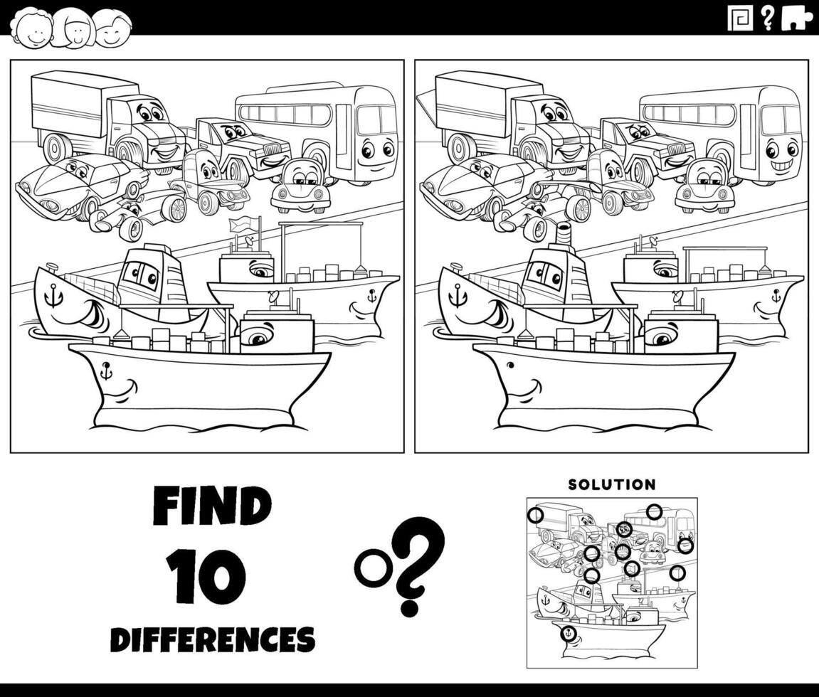 diferencias actividad con dibujos animados transporte caracteres colorante página vector