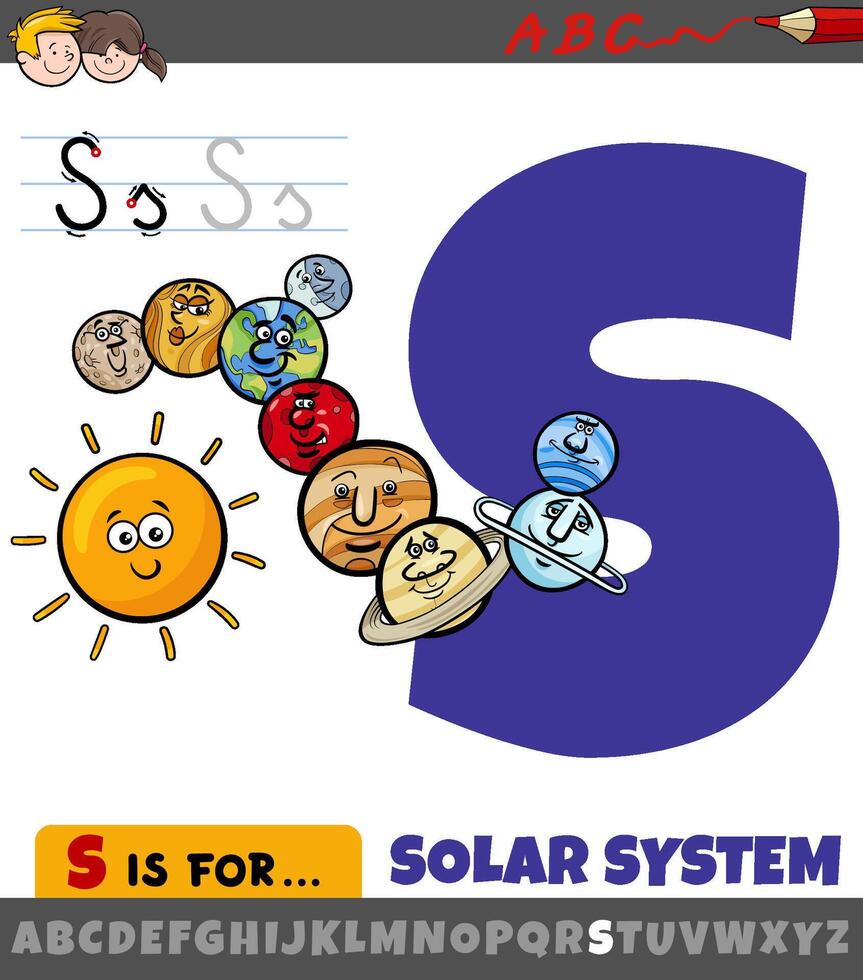 letra s hoja de cálculo con dibujos animados solar sistema vector