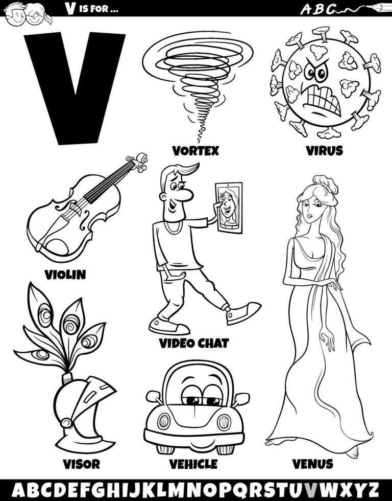 Letter V set with cartoon objects and characters coloring page vector