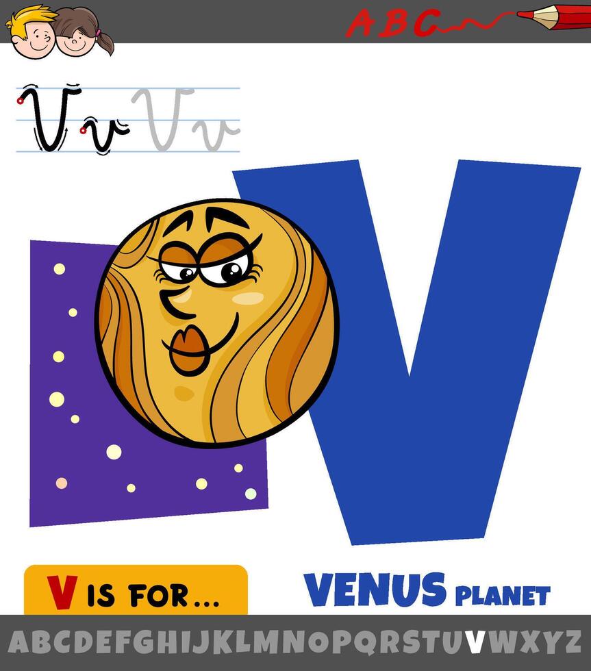 letra v desde alfabeto con Venus planeta cómic personaje vector