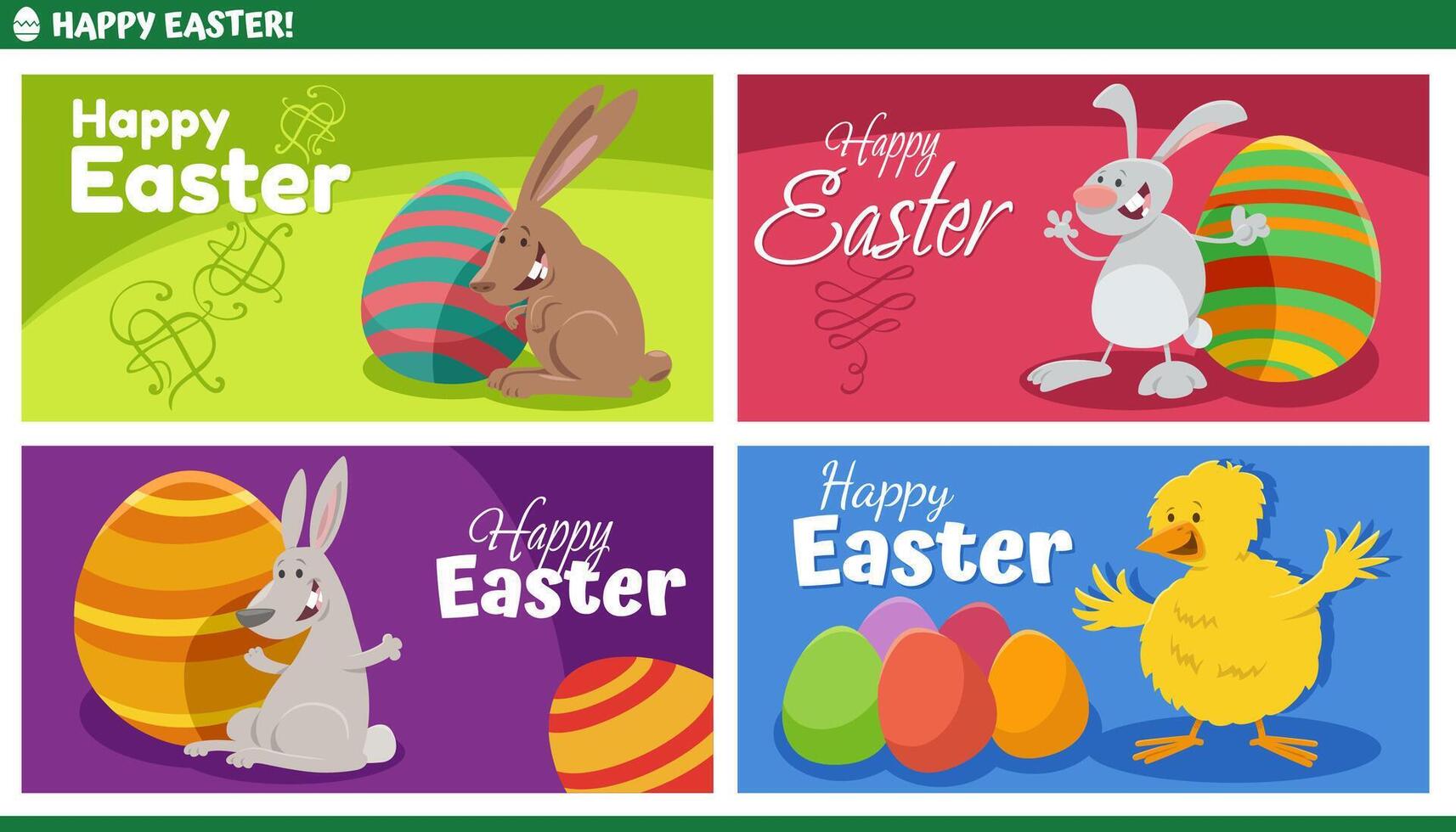 cartoon Easter bunnies and chick with painted eggs greeting cards set vector