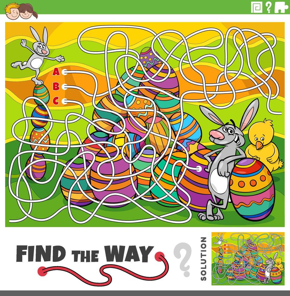 maze game with cartoon Easter bunnies and chick on Easter time vector