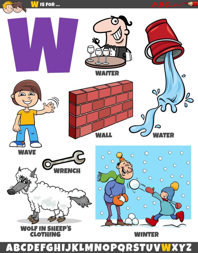 Letter W set with cartoon objects and characters vector