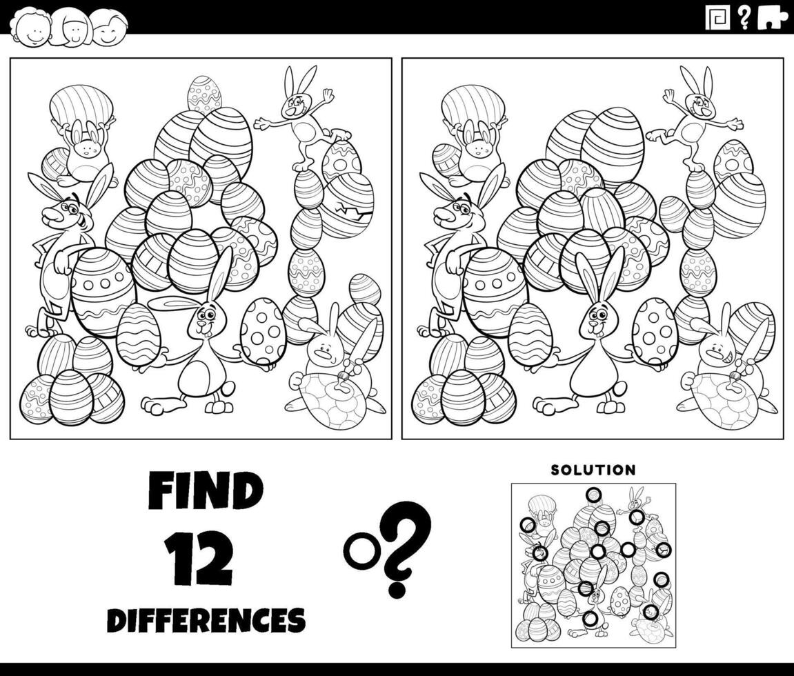 differences game with cartoon Easter bunnies coloring page vector