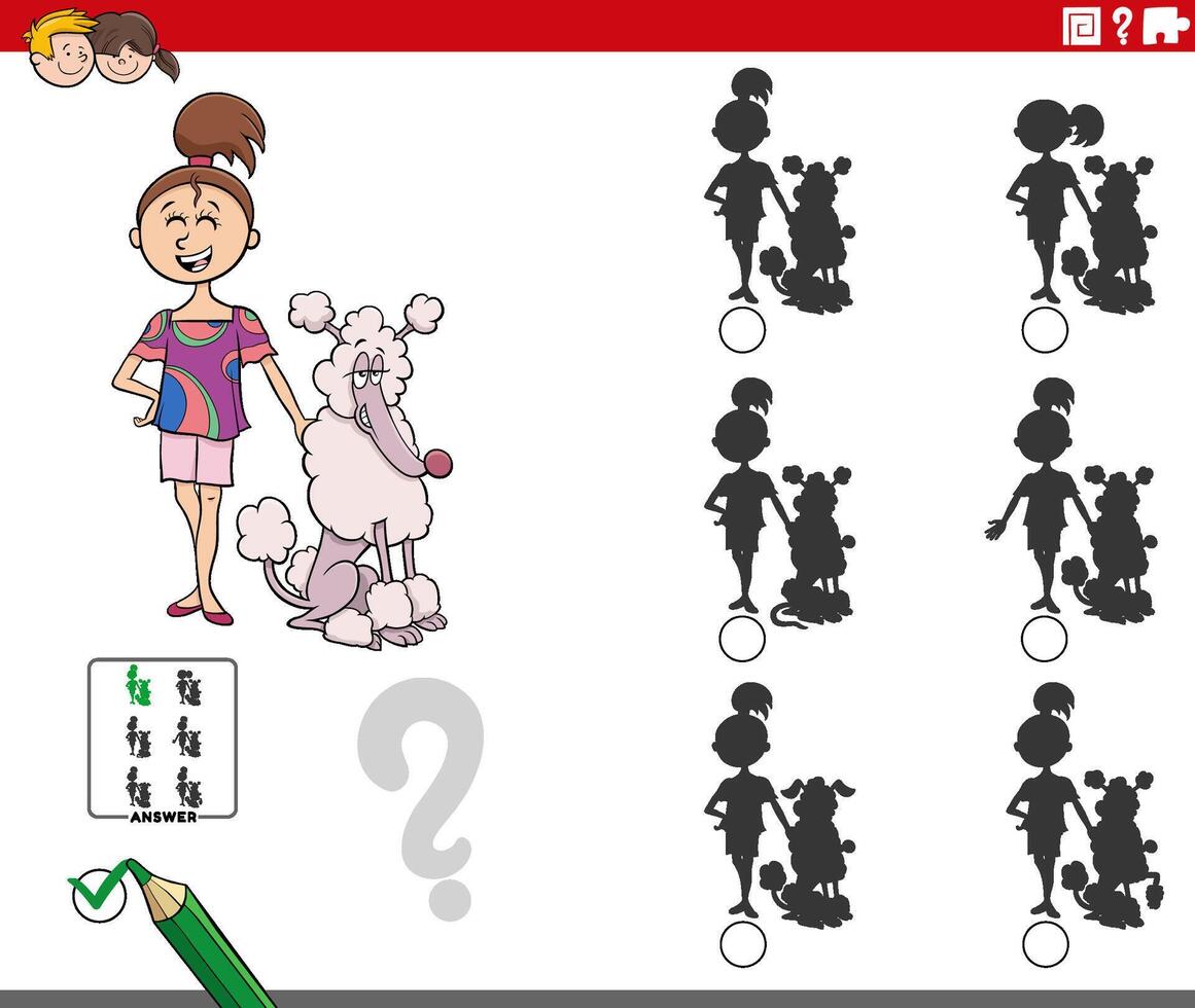 shadow activity game with cartoon girl and her dog vector