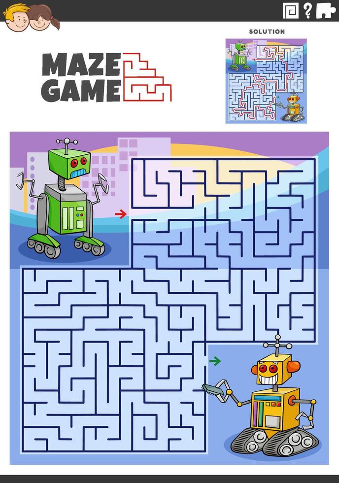 maze activity with cartoon robots or droids characters vector
