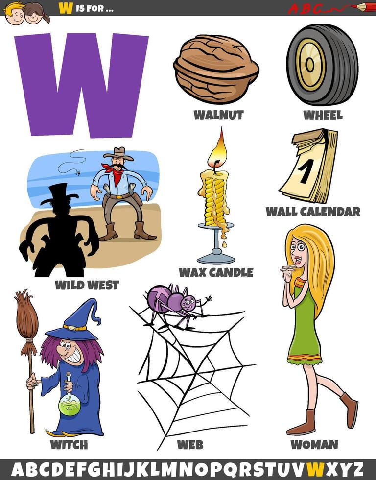 Letter W set with cartoon objects and characters vector