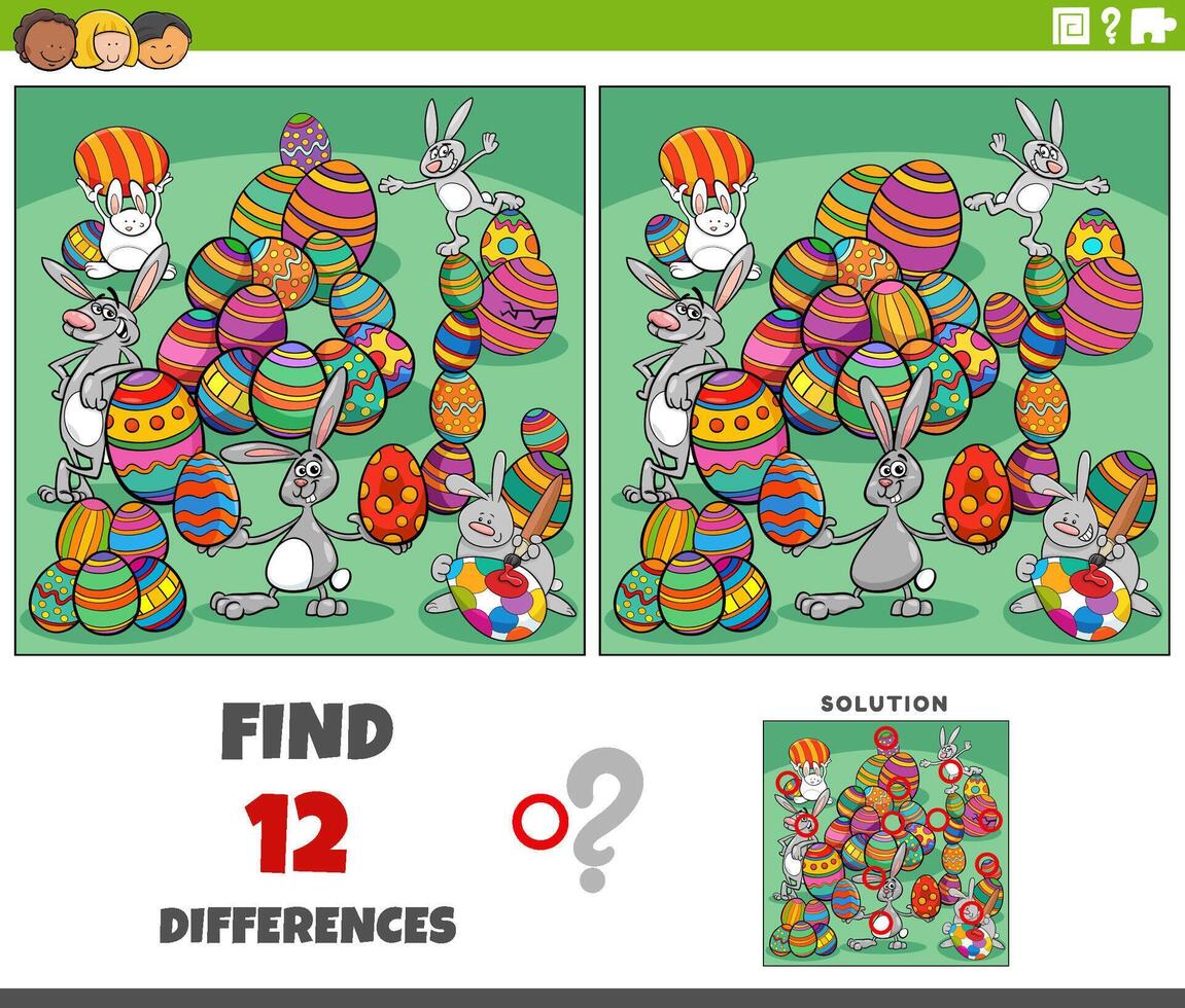 differences game with cartoon Easter bunnies with colored eggs vector
