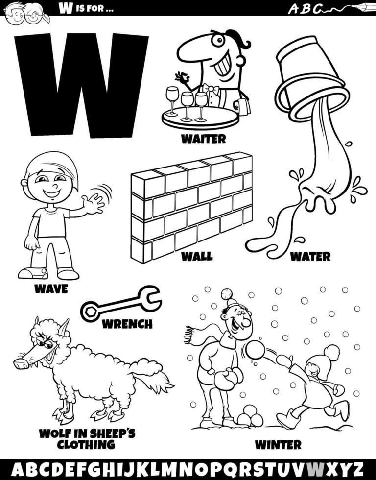 Letter W set with cartoon objects and characters coloring page vector
