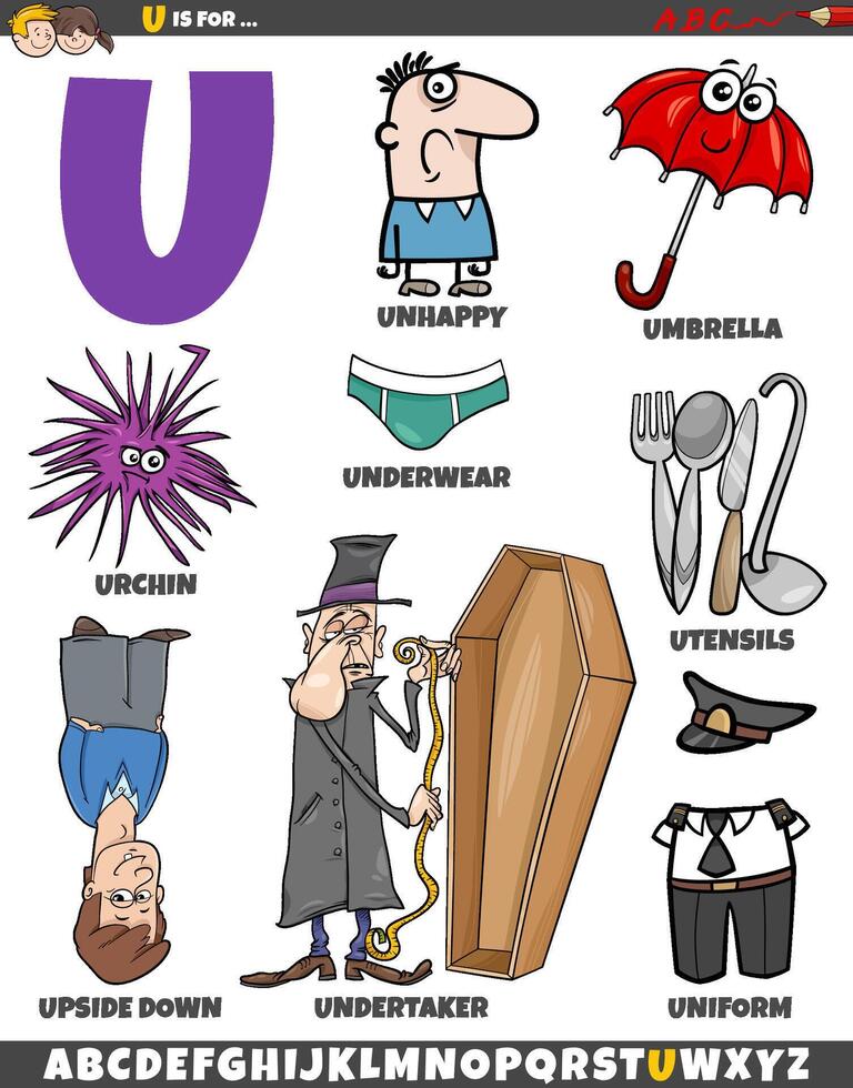 Letter U set with cartoon objects and characters vector