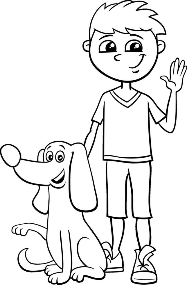 cartoon boy character with his dog coloring page vector