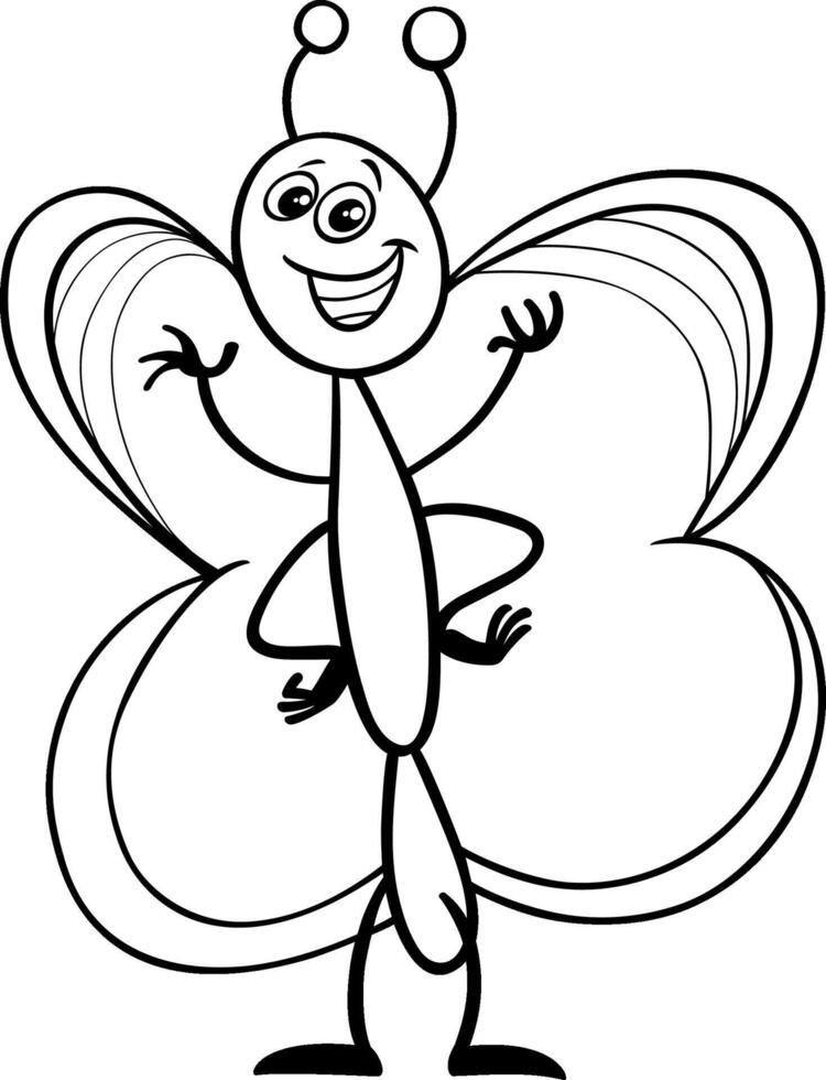 happy cartoon butterfly insect animal character coloring page vector
